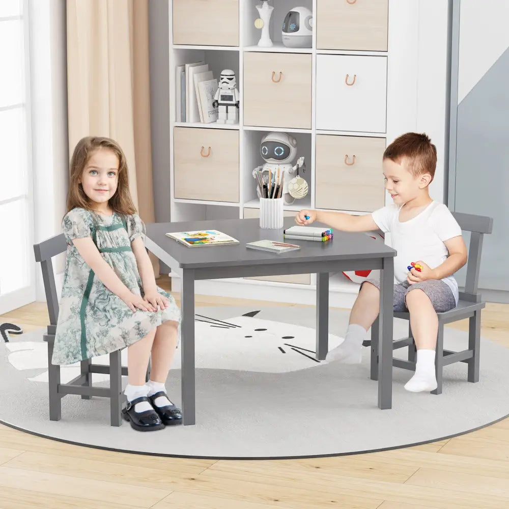 Wooden Kids Table and 2 Chairs Set with Anti-slip Foot Pads-Gray - Gray - Kids Table & Chair Sets