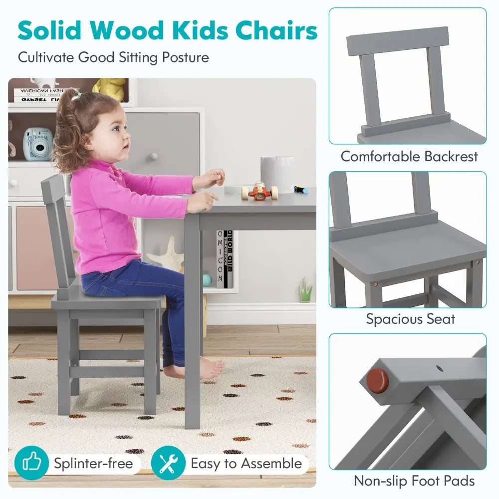 Wooden Kids Table and 2 Chairs Set with Anti-slip Foot Pads-Gray - Gray - Kids Table & Chair Sets