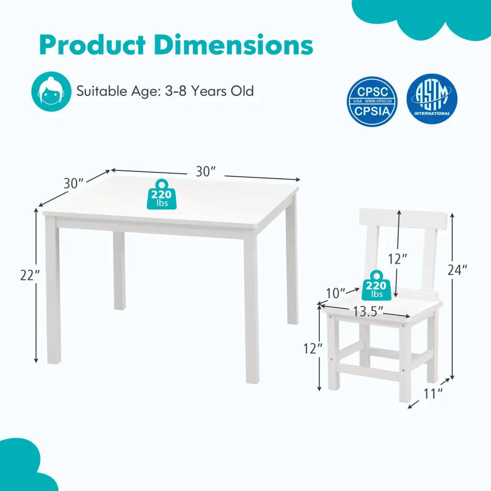 Wooden Kids Table and 2 Chairs Set with Anti-slip Foot Pads-White - White - Kids Table & Chair Sets
