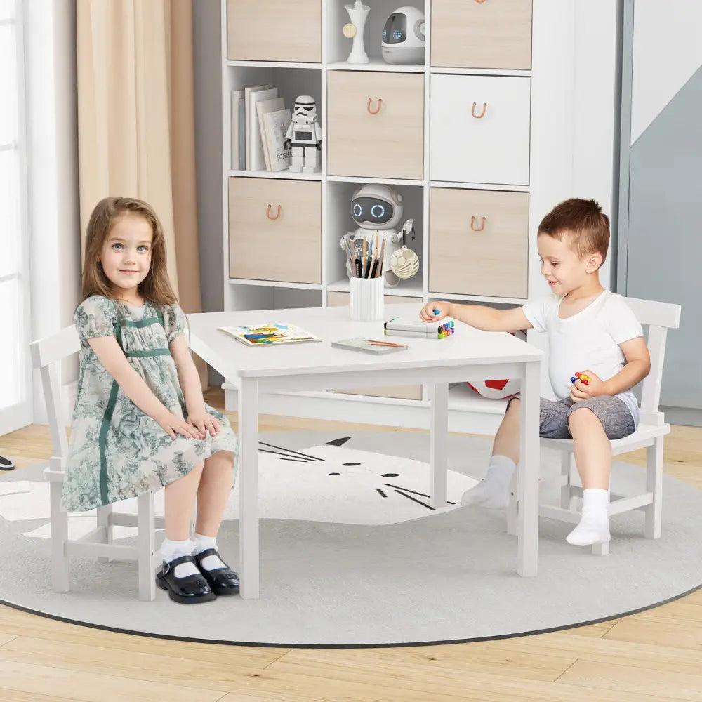 Wooden Kids Table and 2 Chairs Set with Anti-slip Foot Pads-White - White - Kids Table & Chair Sets