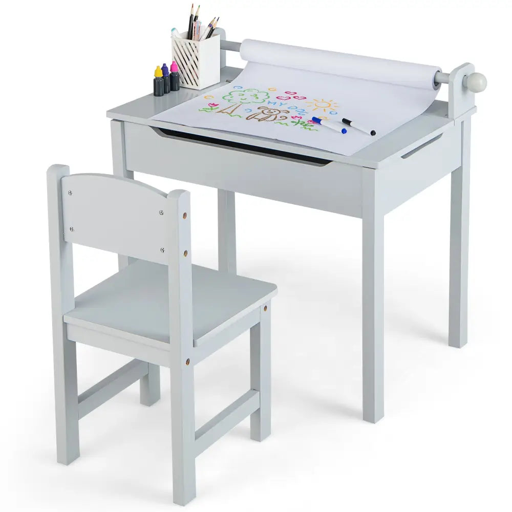 Wooden Kids Table and Chair Set with Storage and Paper Roll Holder-Gray - Gray - Kids Table & Chair Sets