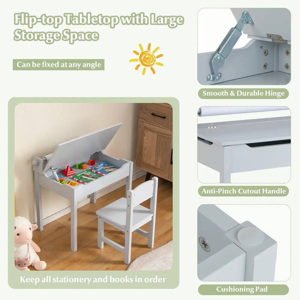 Wooden Kids Table and Chair Set with Storage and Paper Roll Holder-Gray - Gray - Kids Table & Chair Sets