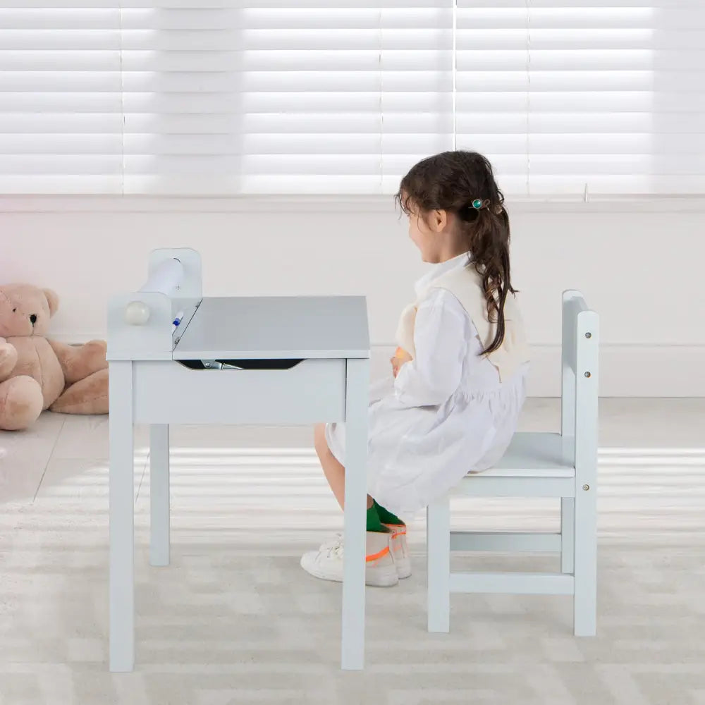 Wooden Kids Table and Chair Set with Storage and Paper Roll Holder-Gray - Gray - Kids Table & Chair Sets