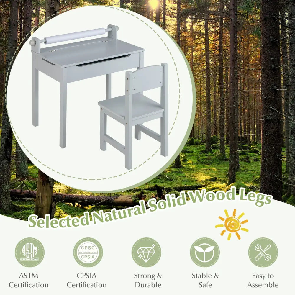 Wooden Kids Table and Chair Set with Storage and Paper Roll Holder-Gray - Gray - Kids Table & Chair Sets