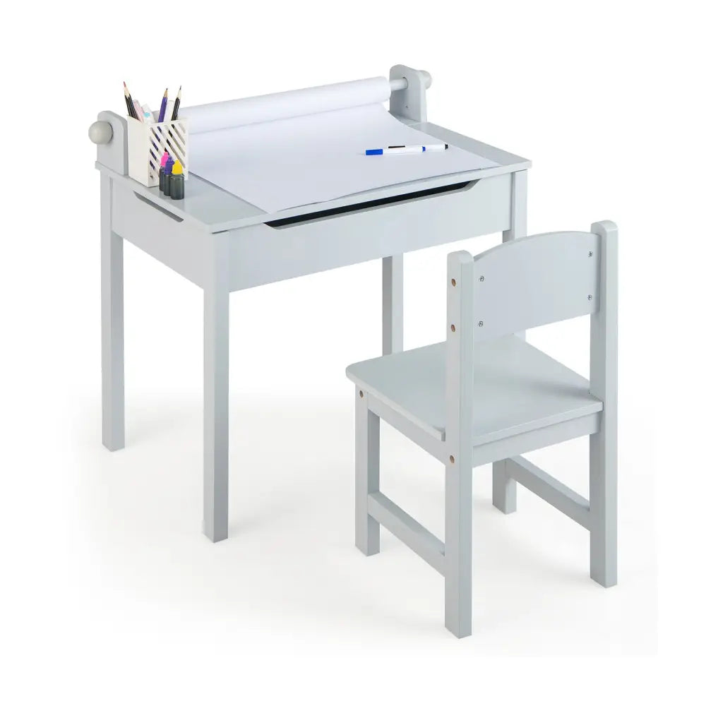 Wooden Kids Table and Chair Set with Storage and Paper Roll Holder-Gray - Gray - Kids Table & Chair Sets