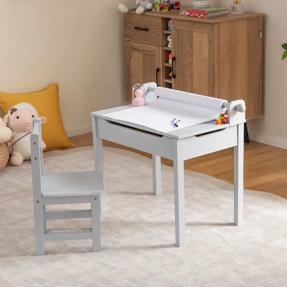 Wooden Kids Table and Chair Set with Storage and Paper Roll Holder-Gray - Gray - Kids Table & Chair Sets