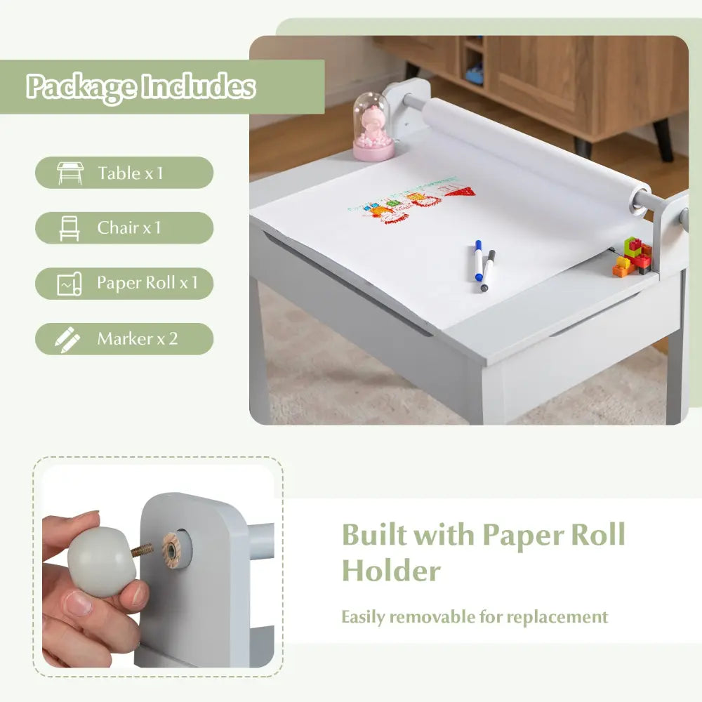 Wooden Kids Table and Chair Set with Storage and Paper Roll Holder-Gray - Gray - Kids Table & Chair Sets