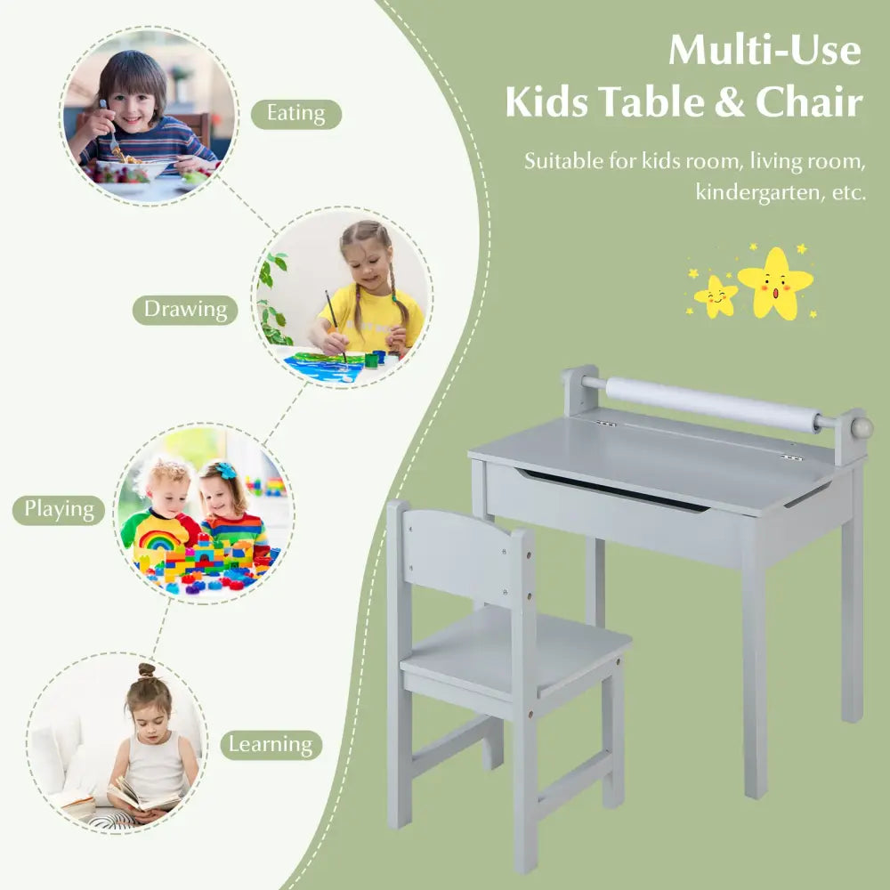 Wooden Kids Table and Chair Set with Storage and Paper Roll Holder-Gray - Gray - Kids Table & Chair Sets