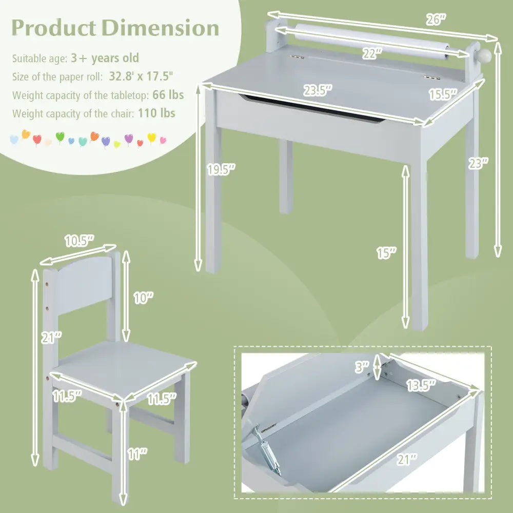 Wooden Kids Table and Chair Set with Storage and Paper Roll Holder-Gray - Gray - Kids Table & Chair Sets