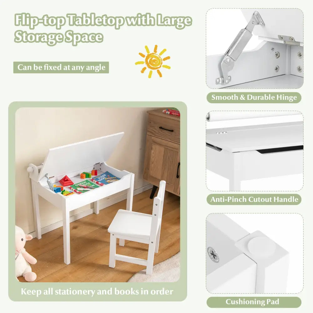 Wooden Kids Table and Chair Set with Storage and Paper Roll Holder-White - White - Kids Table & Chair Sets
