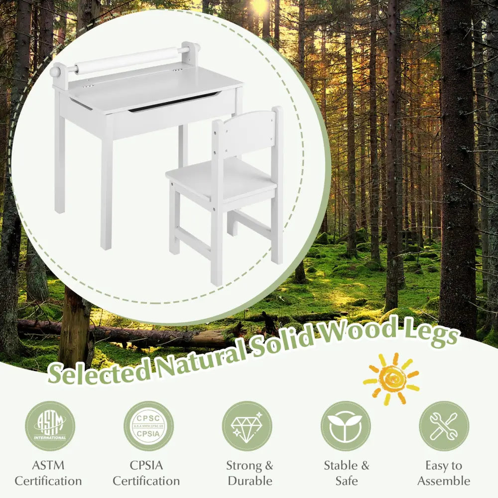 Wooden Kids Table and Chair Set with Storage and Paper Roll Holder-White - White - Kids Table & Chair Sets