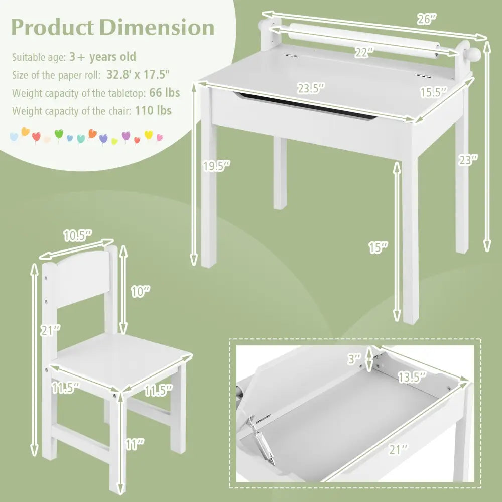 Wooden Kids Table and Chair Set with Storage and Paper Roll Holder-White - White - Kids Table & Chair Sets