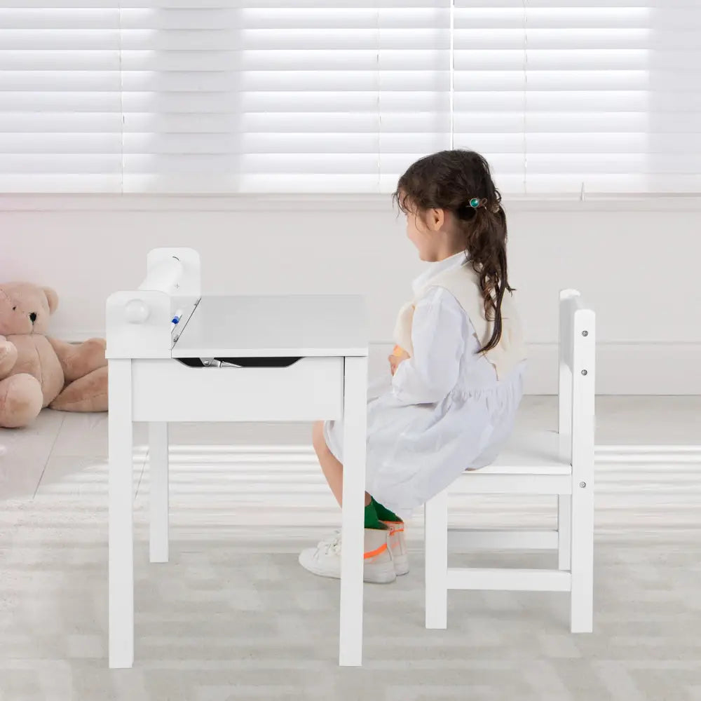 Wooden Kids Table and Chair Set with Storage and Paper Roll Holder-White - White - Kids Table & Chair Sets