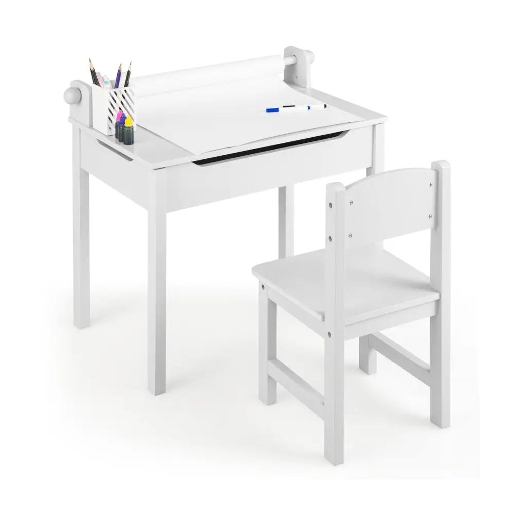 Wooden Kids Table and Chair Set with Storage and Paper Roll Holder-White - White - Kids Table & Chair Sets