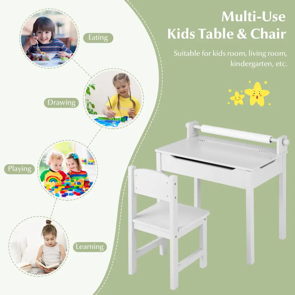 Wooden Kids Table and Chair Set with Storage and Paper Roll Holder-White - White - Kids Table & Chair Sets