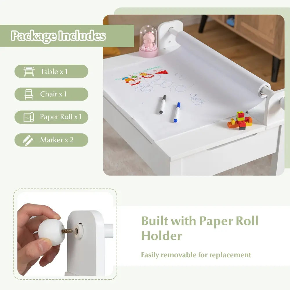 Wooden Kids Table and Chair Set with Storage and Paper Roll Holder-White - White - Kids Table & Chair Sets