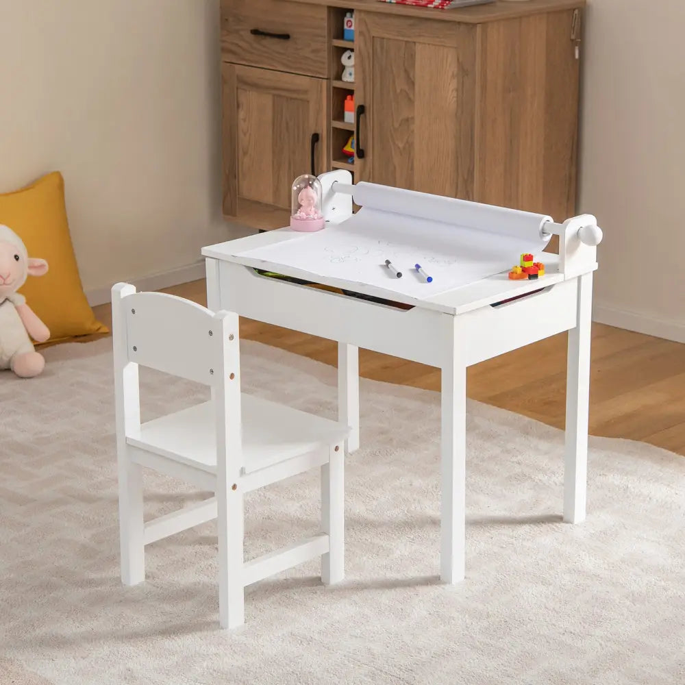 Wooden Kids Table and Chair Set with Storage and Paper Roll Holder-White - White - Kids Table & Chair Sets
