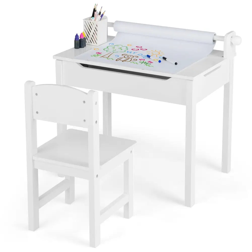 Wooden Kids Table and Chair Set with Storage and Paper Roll Holder-White - White - Kids Table & Chair Sets