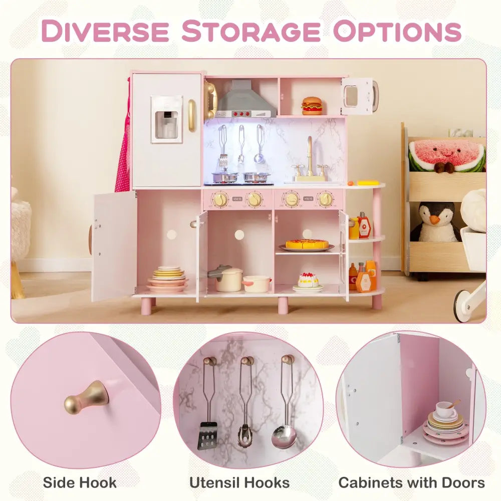 Wooden Kitchen Playset with Ice Maker and Sounds for Ages 3+-Pink - Pink - Play Kitchen Sets