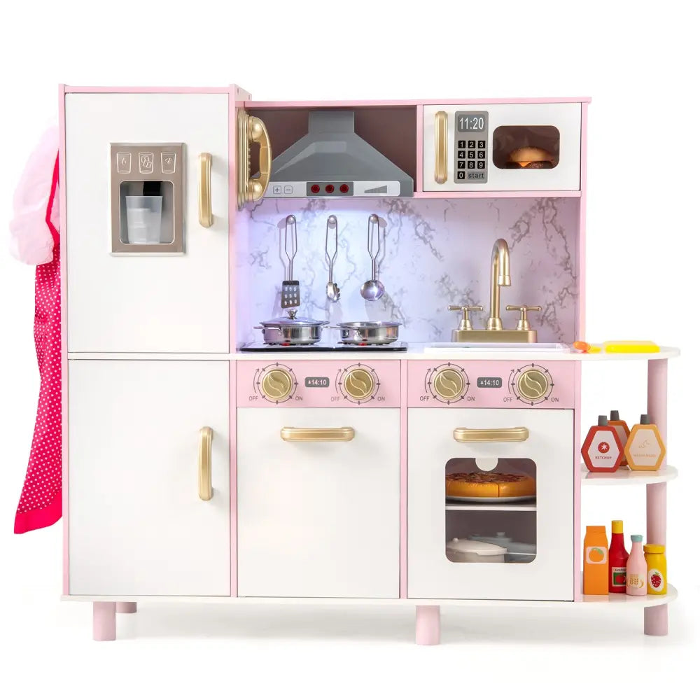 Wooden Kitchen Playset with Ice Maker and Sounds for Ages 3+-Pink - Pink - Play Kitchen Sets