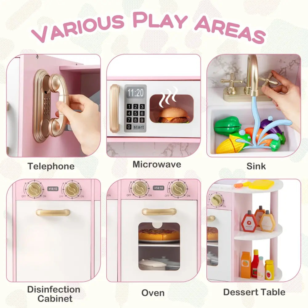 Wooden Kitchen Playset with Ice Maker and Sounds for Ages 3+-Pink - Pink - Play Kitchen Sets