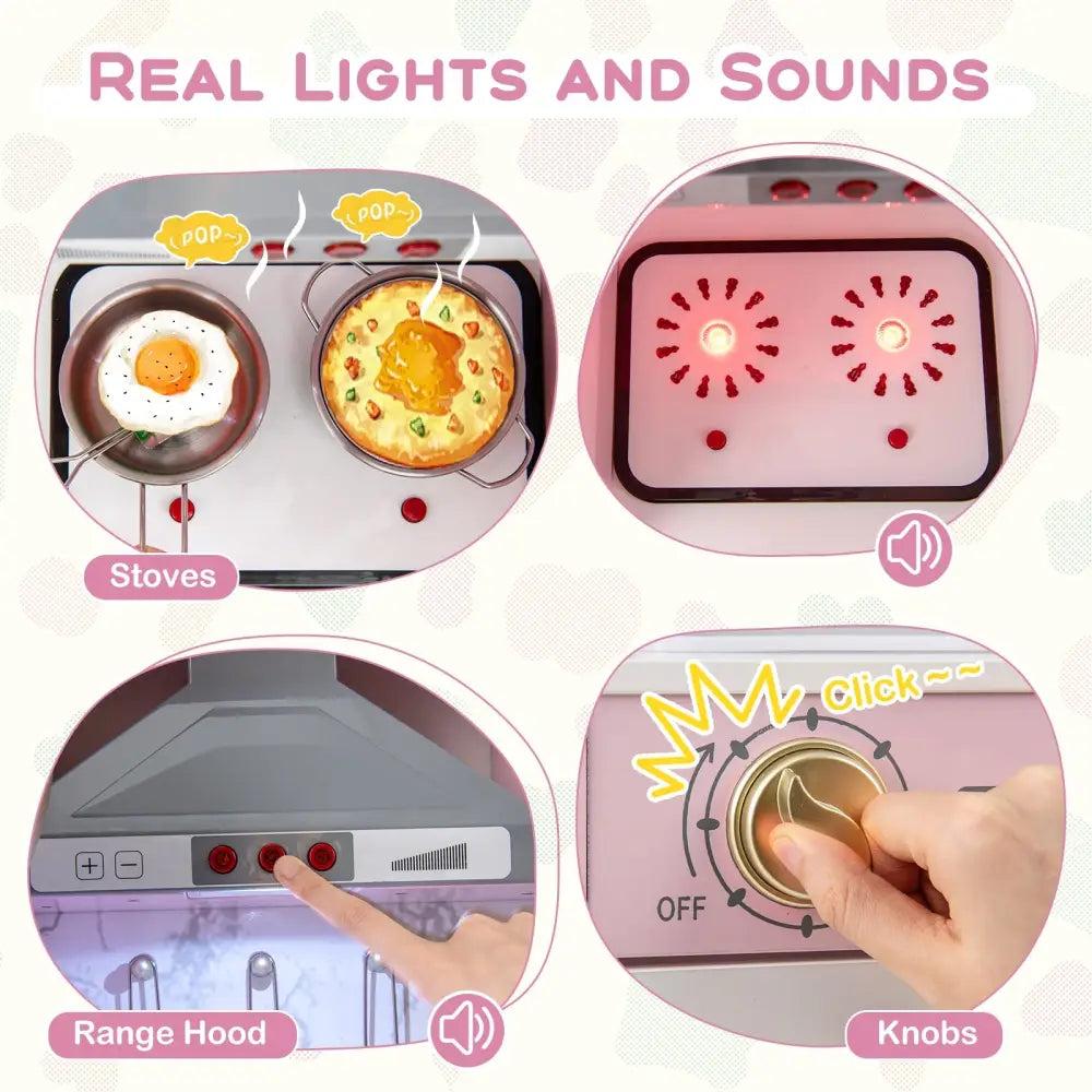Wooden Kitchen Playset with Ice Maker and Sounds for Ages 3+-Pink - Pink - Play Kitchen Sets