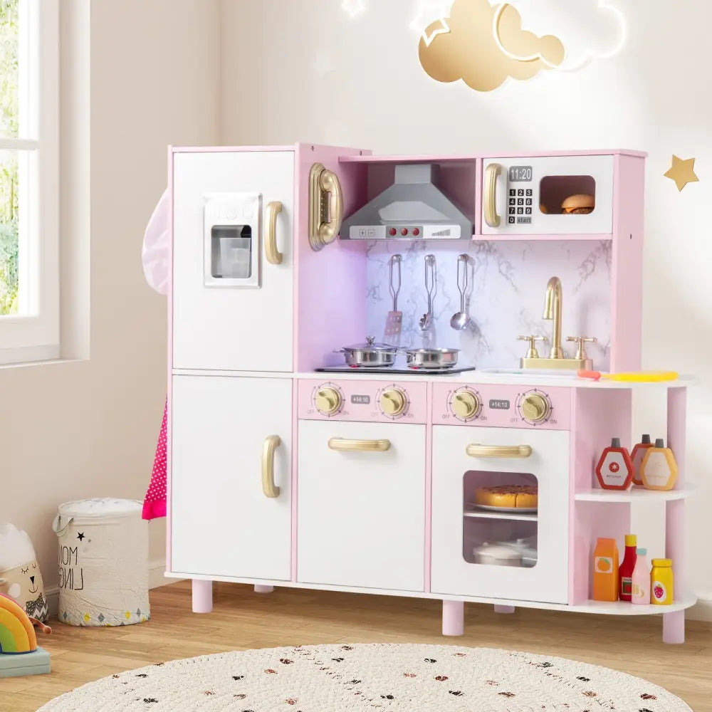 Wooden Kitchen Playset with Ice Maker and Sounds for Ages 3+-Pink - Pink - Play Kitchen Sets