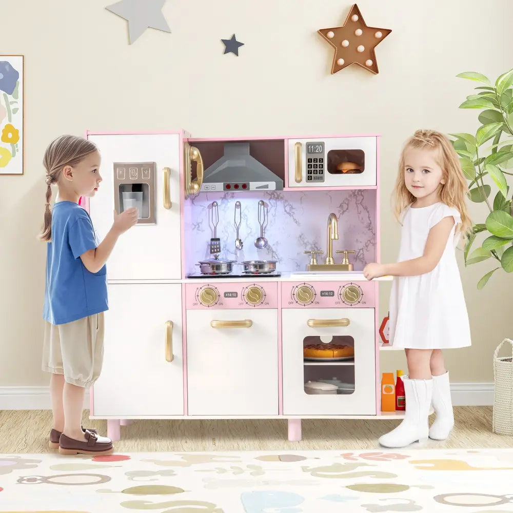 Wooden Kitchen Playset with Ice Maker and Sounds for Ages 3+-Pink - Pink - Play Kitchen Sets