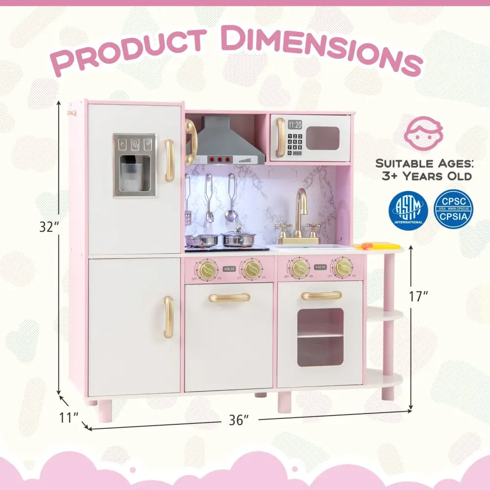 Wooden Kitchen Playset with Ice Maker and Sounds for Ages 3+-Pink - Pink - Play Kitchen Sets