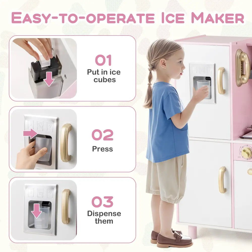 Wooden Kitchen Playset with Ice Maker and Sounds for Ages 3+-Pink - Pink - Play Kitchen Sets