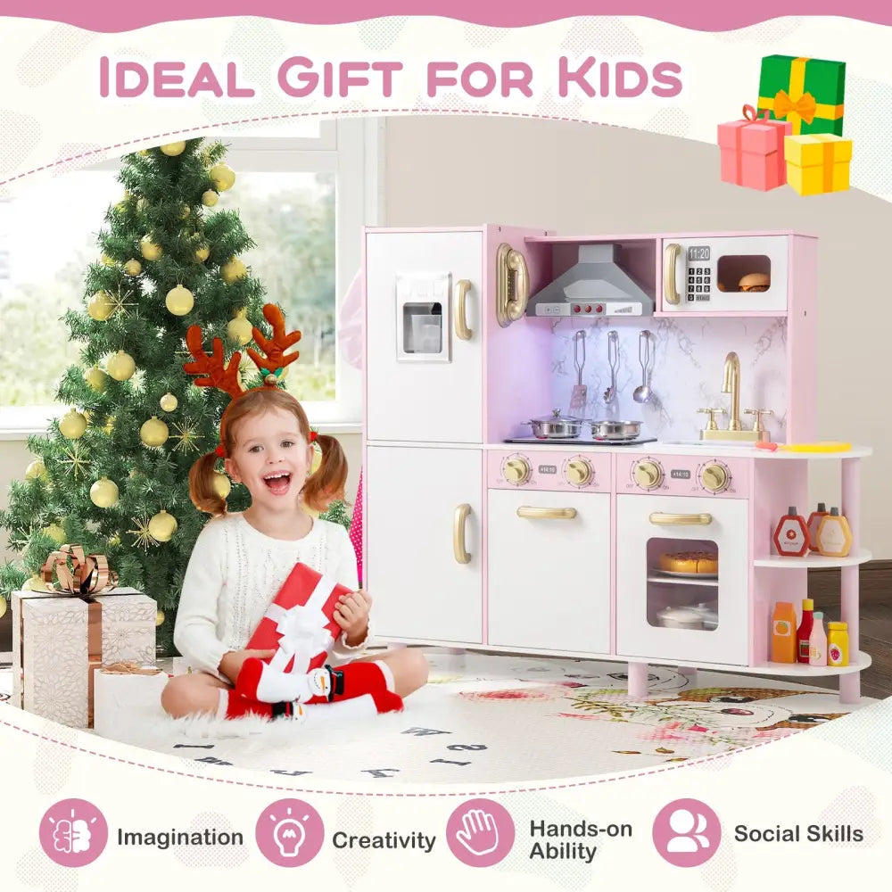 Wooden Kitchen Playset with Ice Maker and Sounds for Ages 3+-Pink - Pink - Play Kitchen Sets
