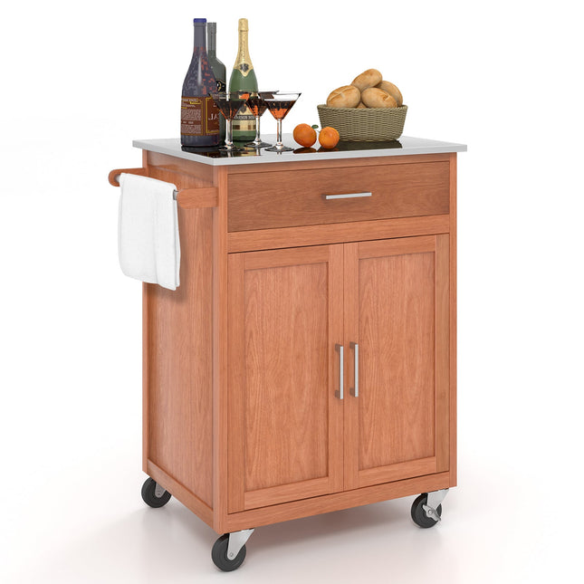 Wooden Kitchen Rolling Storage Cabinet with Stainless Steel Top - Brown - Kitchen Islands & Carts