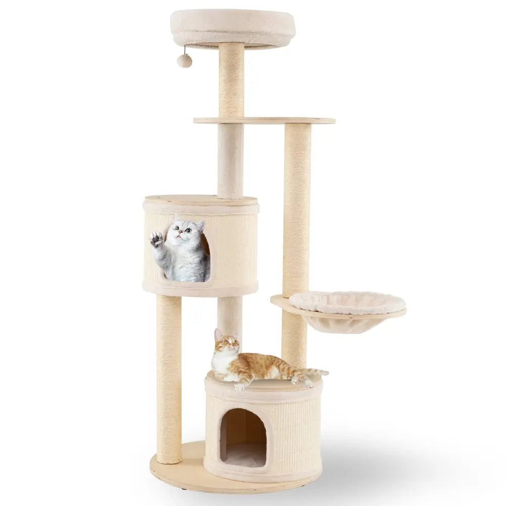 Wooden Kitten Tower with Sisal Scratching Posts and 2 Condos-Natural - Natural - Cat Trees Condos & Scratchers