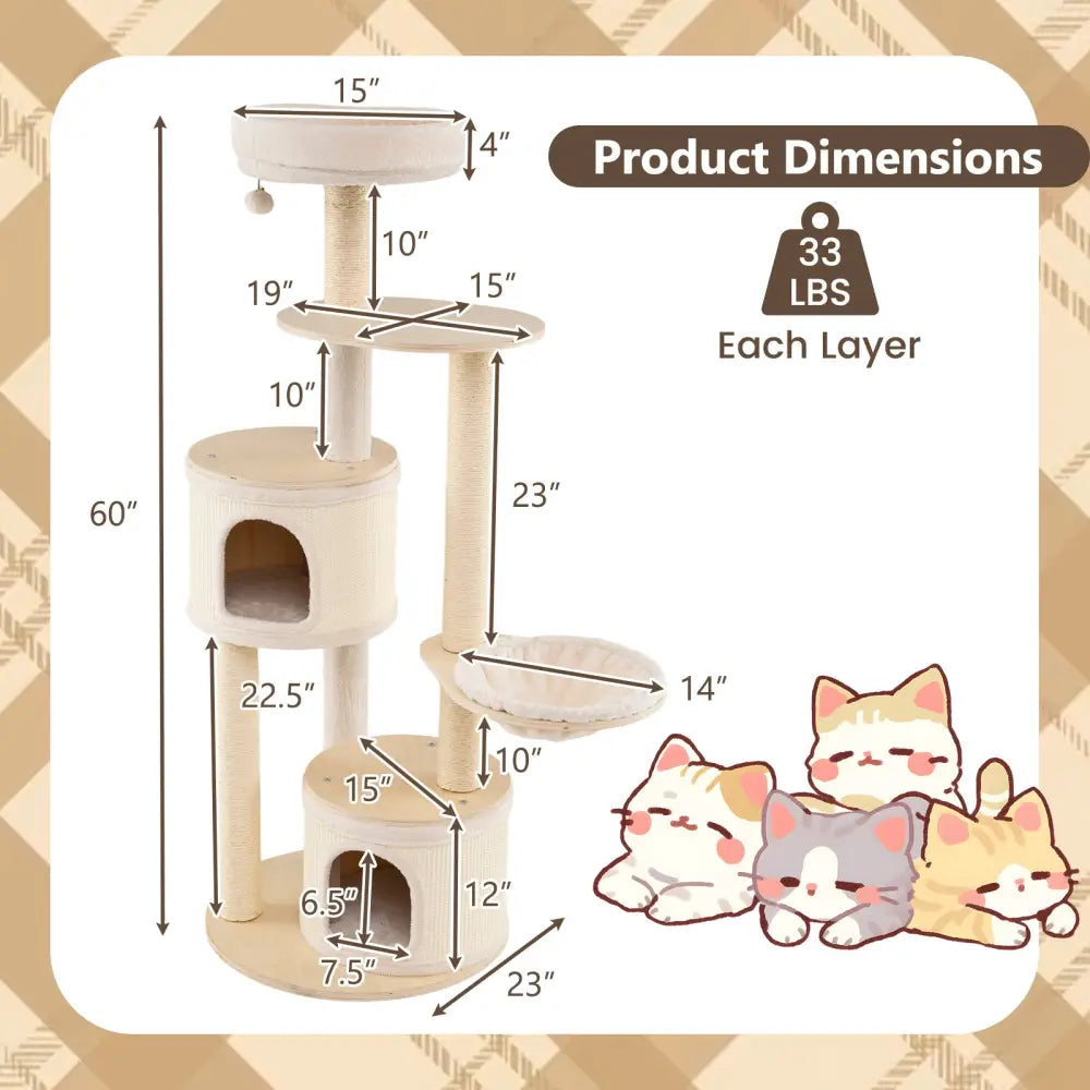 Wooden Kitten Tower with Sisal Scratching Posts and 2 Condos-Natural - Natural - Cat Trees Condos & Scratchers