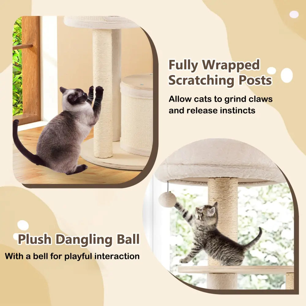 Wooden Kitten Tower with Sisal Scratching Posts and 2 Condos-Natural - Natural - Cat Trees Condos & Scratchers