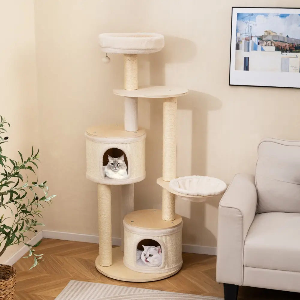 Wooden Kitten Tower with Sisal Scratching Posts and 2 Condos-Natural - Natural - Cat Trees Condos & Scratchers