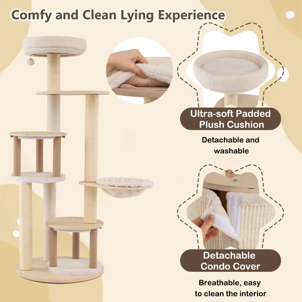 Wooden Kitten Tower with Sisal Scratching Posts and 2 Condos-Natural - Natural - Cat Trees Condos & Scratchers