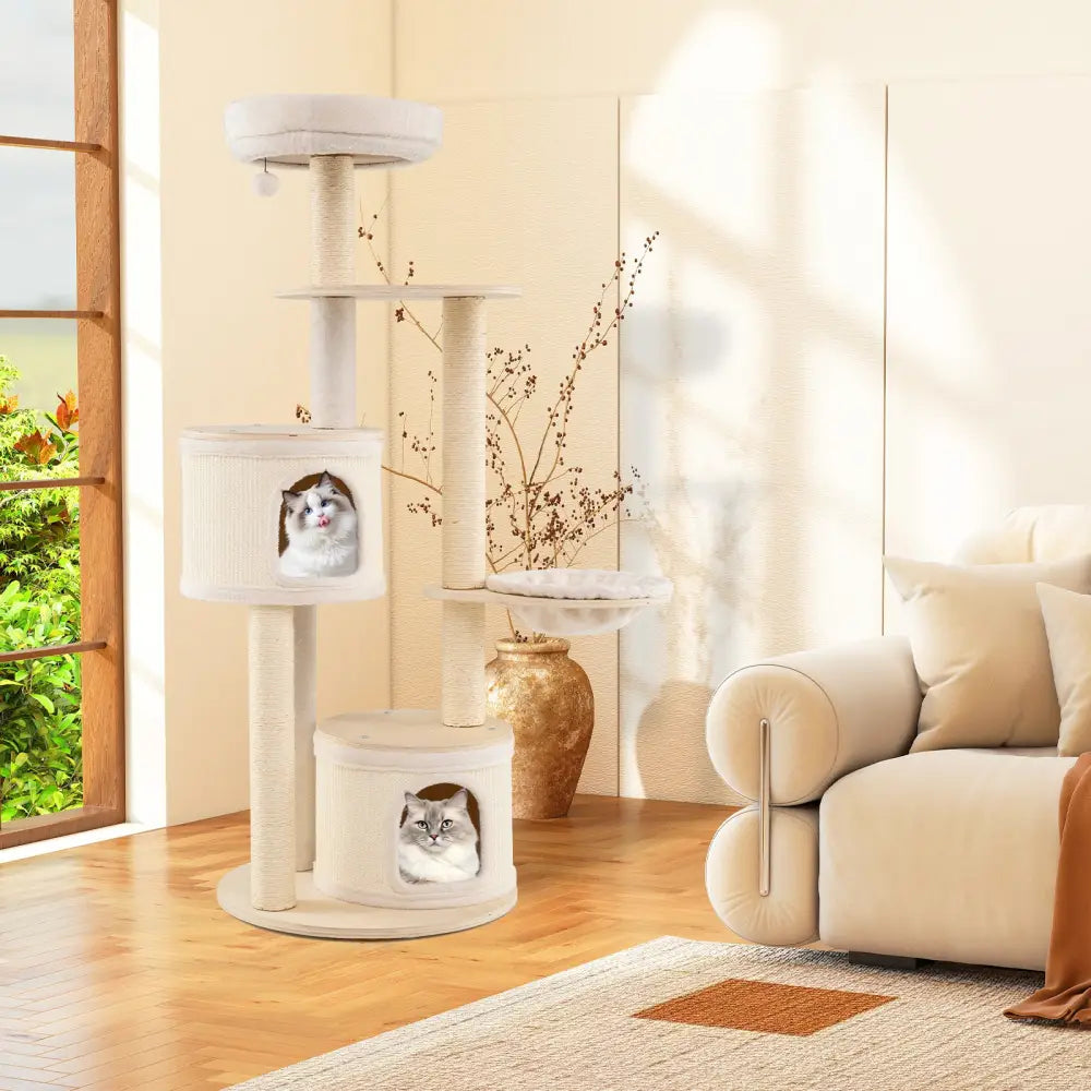 Wooden Kitten Tower with Sisal Scratching Posts and 2 Condos-Natural - Natural - Cat Trees Condos & Scratchers