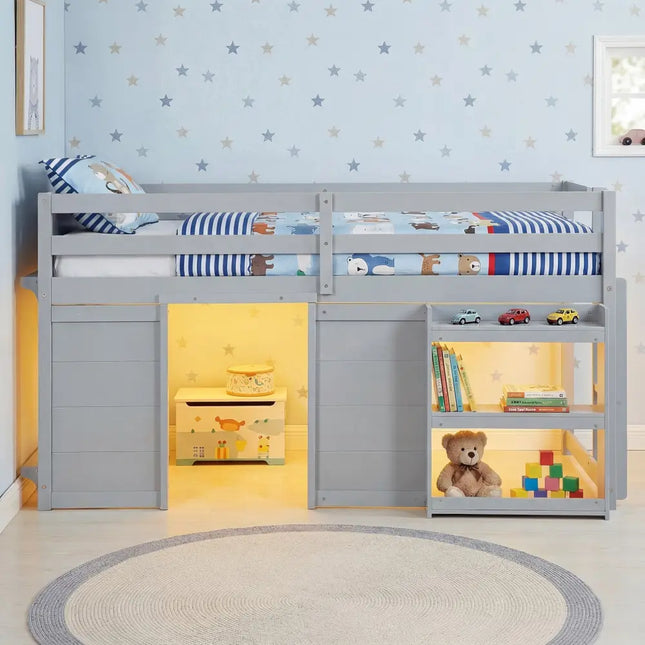 Wooden Low Kids Loft Bed with LED Lights and 2 Doors-Gray - Gray - Bunk Bed Frame