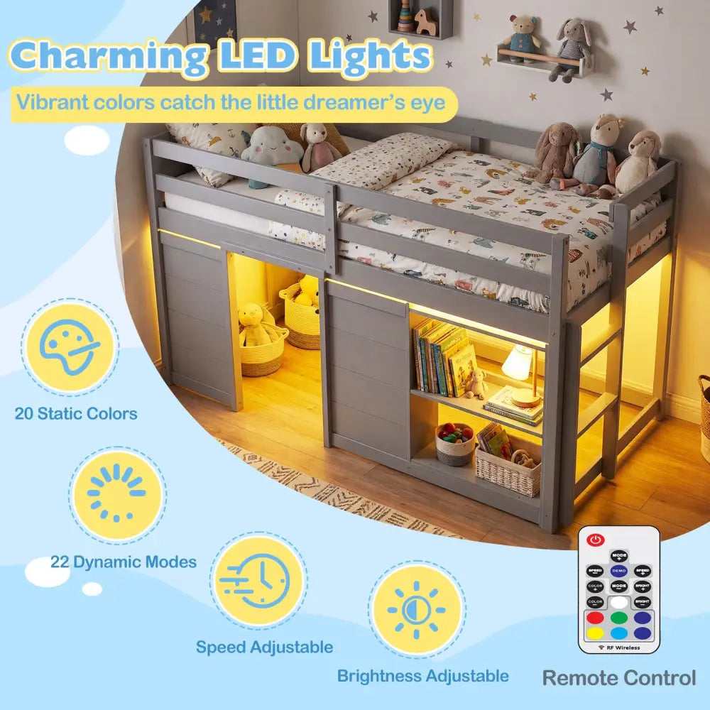 Wooden Low Kids Loft Bed with LED Lights and 2 Doors-Gray - Gray - Bunk Bed Frame