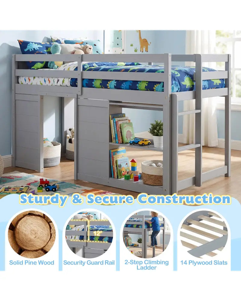 Wooden Low Kids Loft Bed with LED Lights and 2 Doors-Gray - Gray - Bunk Bed Frame