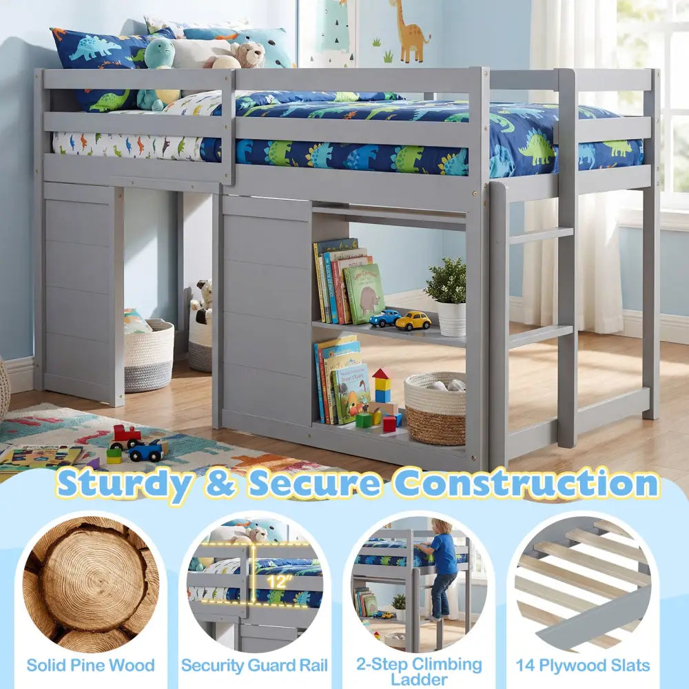 Wooden Low Kids Loft Bed with LED Lights and 2 Doors-Gray - Gray - Bunk Bed Frame
