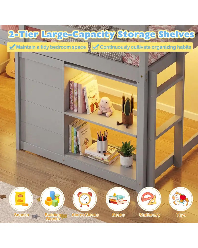 Wooden Low Kids Loft Bed with LED Lights and 2 Doors-Gray - Gray - Bunk Bed Frame
