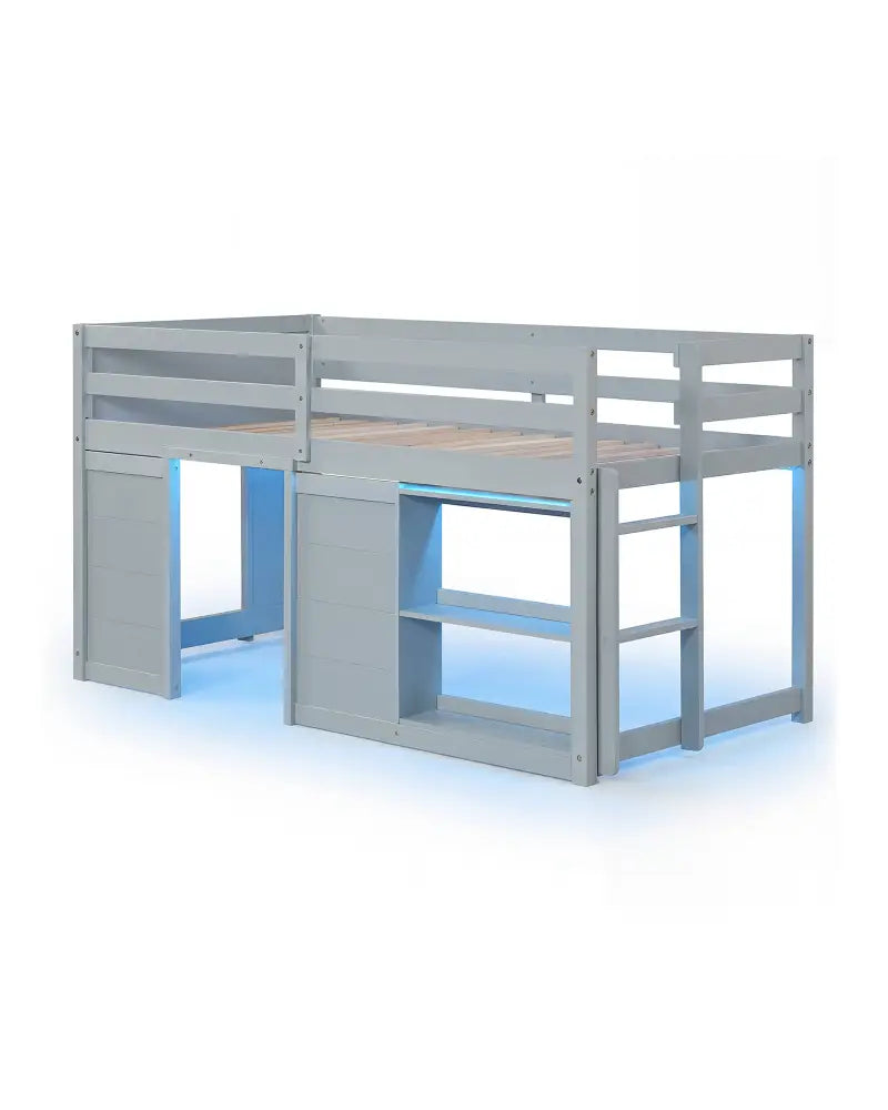 Wooden Low Kids Loft Bed with LED Lights and 2 Doors-Gray - Gray - Bunk Bed Frame