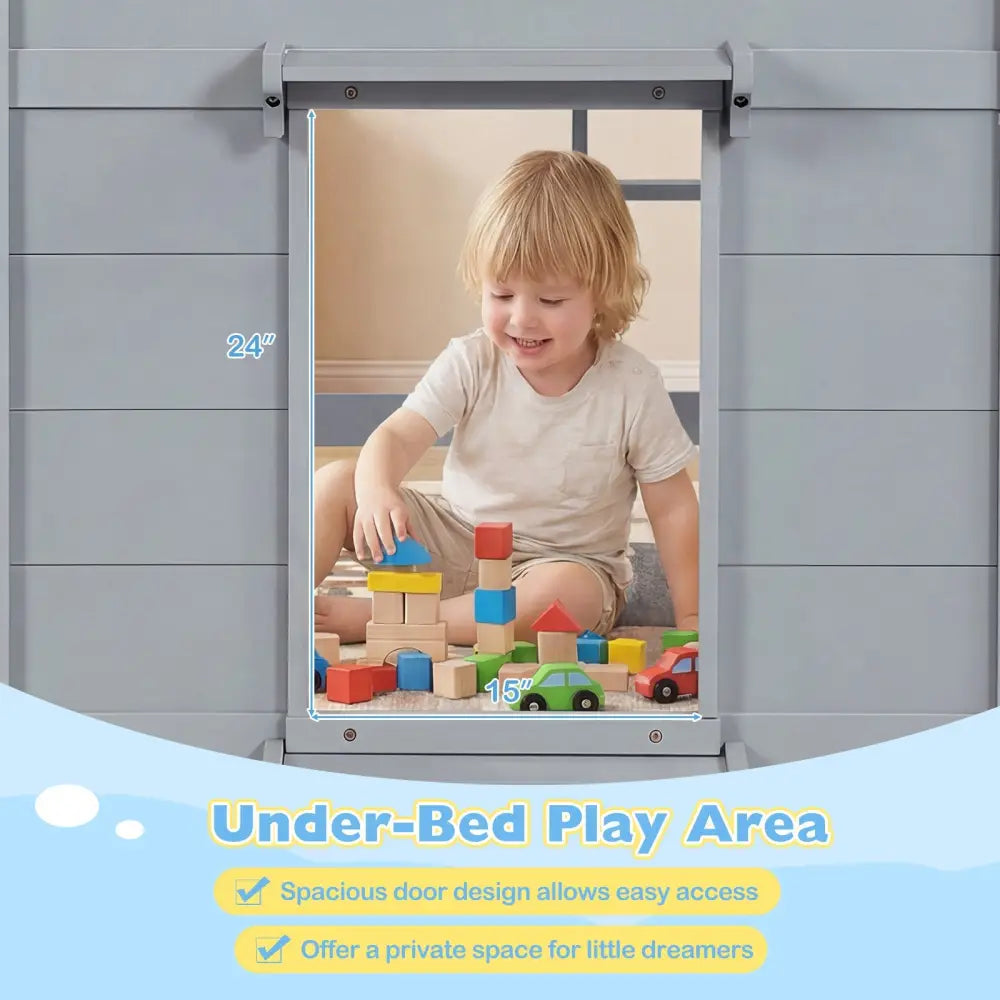 Wooden Low Kids Loft Bed with LED Lights and 2 Doors-Gray - Gray - Bunk Bed Frame