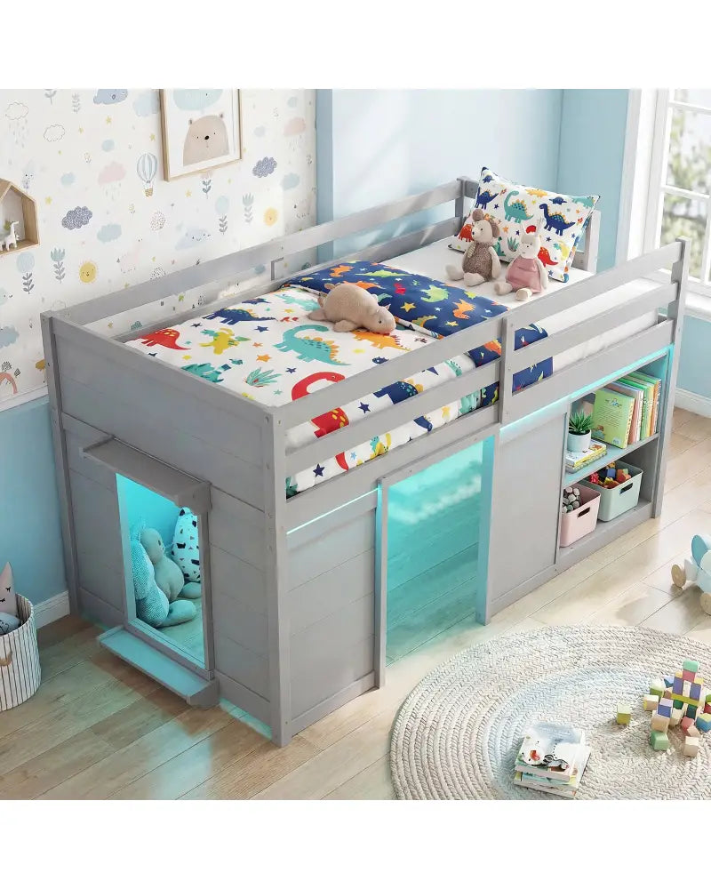 Wooden Low Kids Loft Bed with LED Lights and 2 Doors-Gray - Gray - Bunk Bed Frame