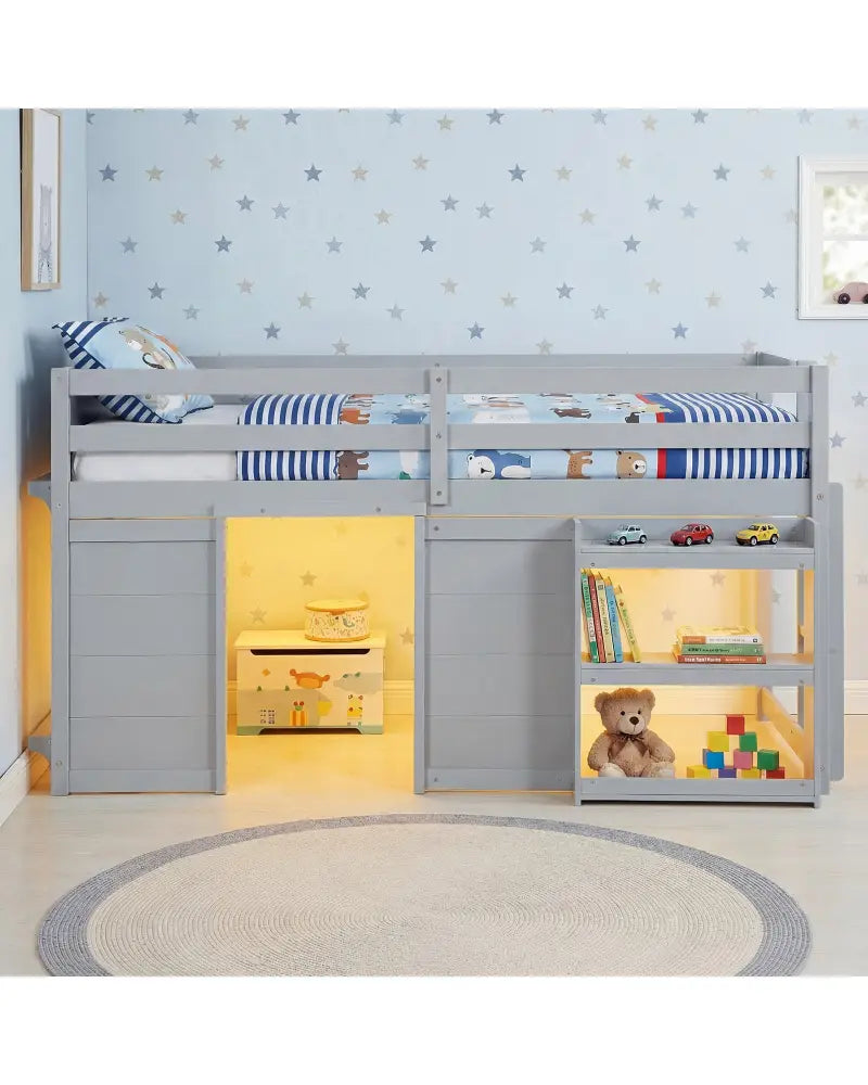 Wooden Low Kids Loft Bed with LED Lights and 2 Doors-Gray - Gray - Bunk Bed Frame
