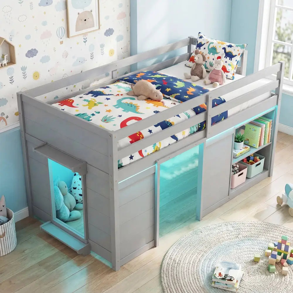 Wooden Low Kids Loft Bed with LED Lights and 2 Doors-Gray - Gray - Bunk Bed Frame