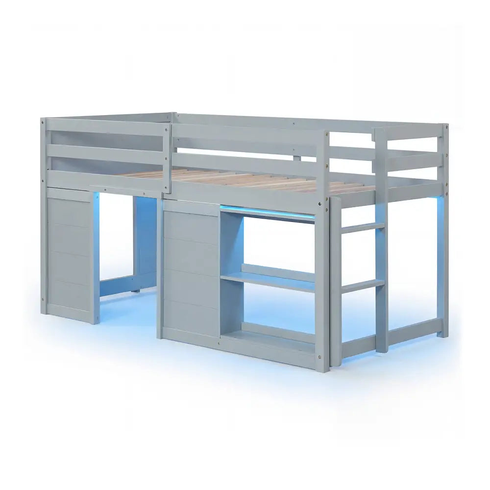 Wooden Low Kids Loft Bed with LED Lights and 2 Doors-Gray - Gray - Bunk Bed Frame