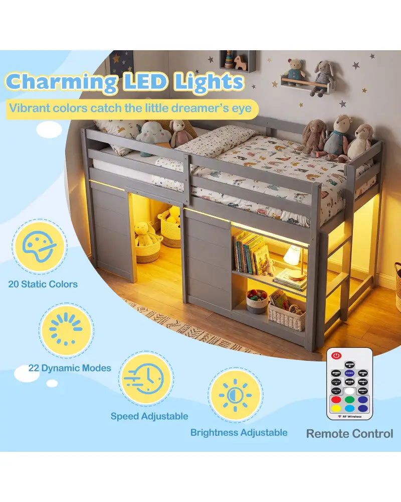 Wooden Low Kids Loft Bed with LED Lights and 2 Doors-Gray - Gray - Bunk Bed Frame